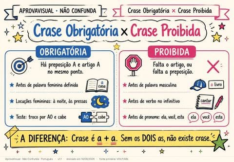 Crase Obrigatória × Crase Proibida — página ilustrada do material