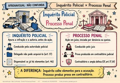 Inquérito Policial × Processo Penal — página ilustrada do material