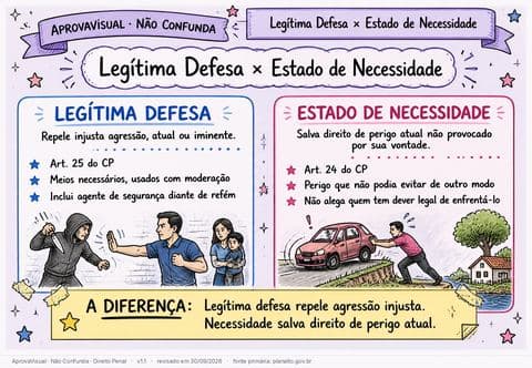 Legítima Defesa × Estado de Necessidade — página ilustrada do material