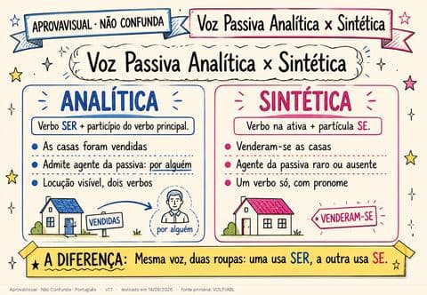Voz Passiva Analítica × Sintética — página ilustrada do material
