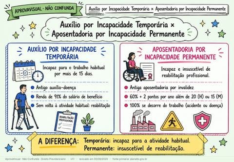 Auxílio por Incapacidade Temporária × Aposentadoria por Incapacidade Permanente — página ilustrada do material