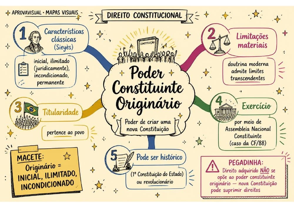 Mapa mental ilustrado de Direito Constitucional para concursos