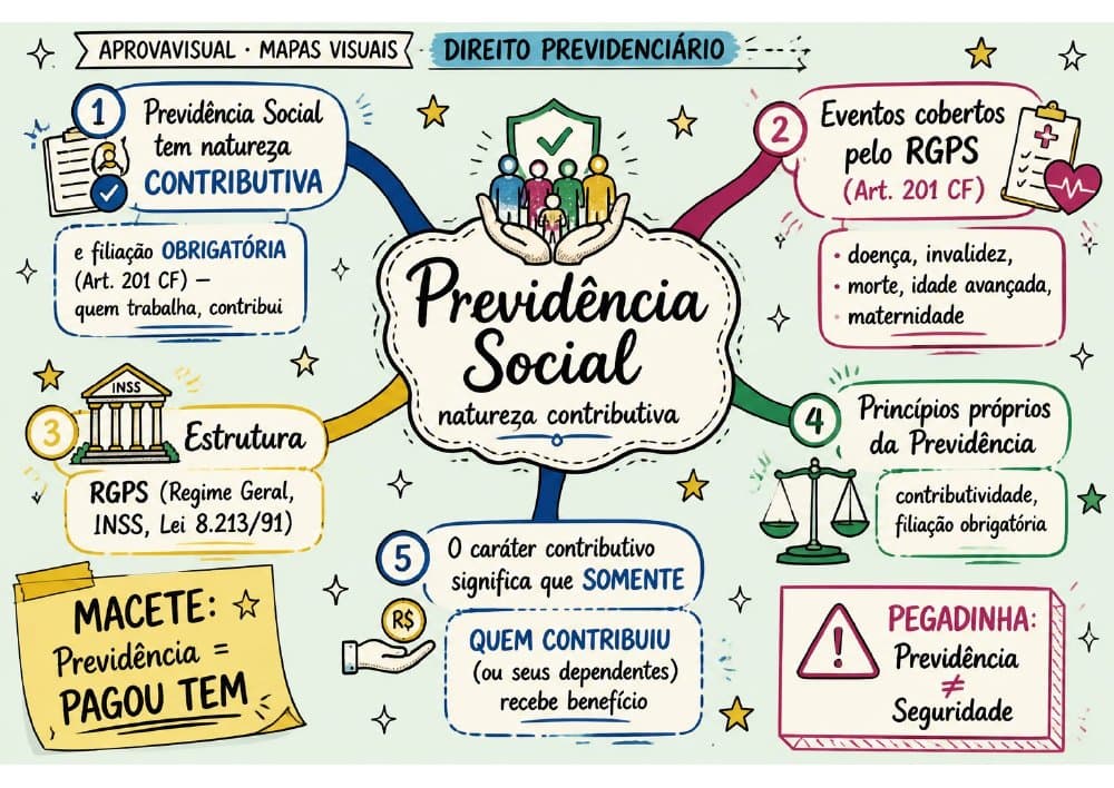 Mapa mental ilustrado de Direito Previdenciário para concursos