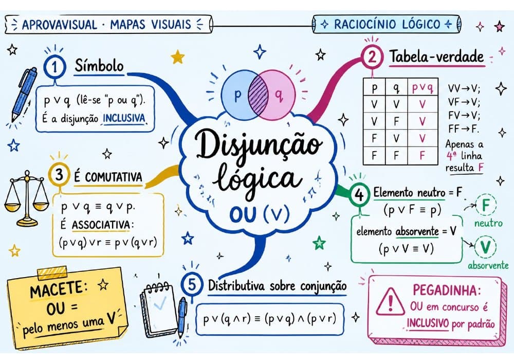 Mapa mental ilustrado de Raciocínio Lógico para concursos