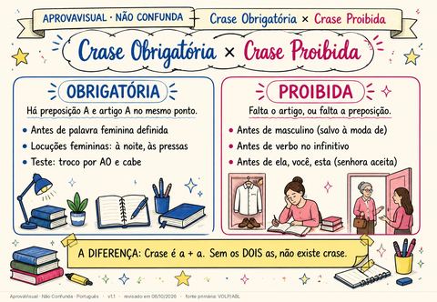 Crase Obrigatória × Crase Proibida — página ilustrada do material